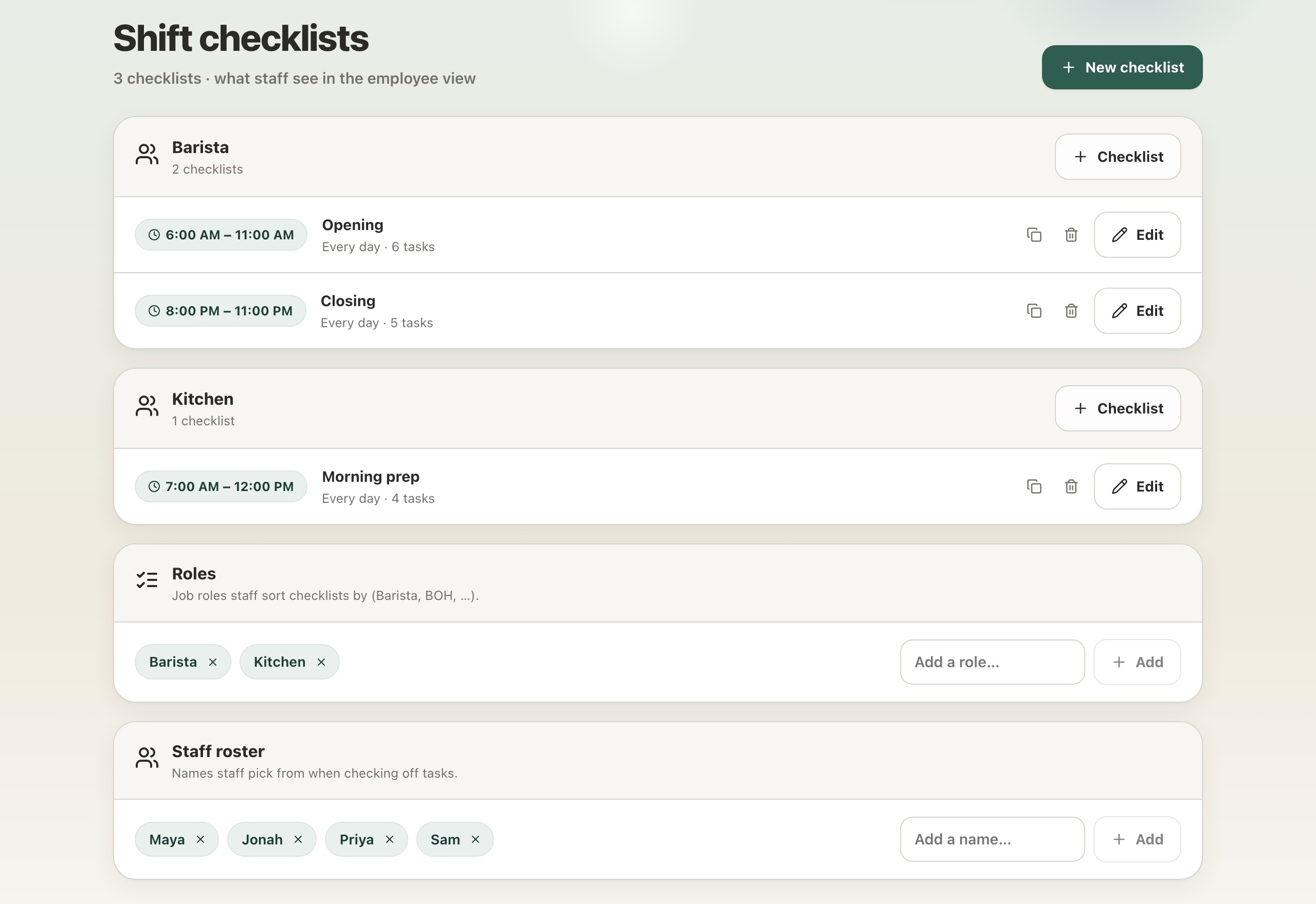 RecipeMate admin view for building role-based shift checklists with schedules, roles, and a staff roster