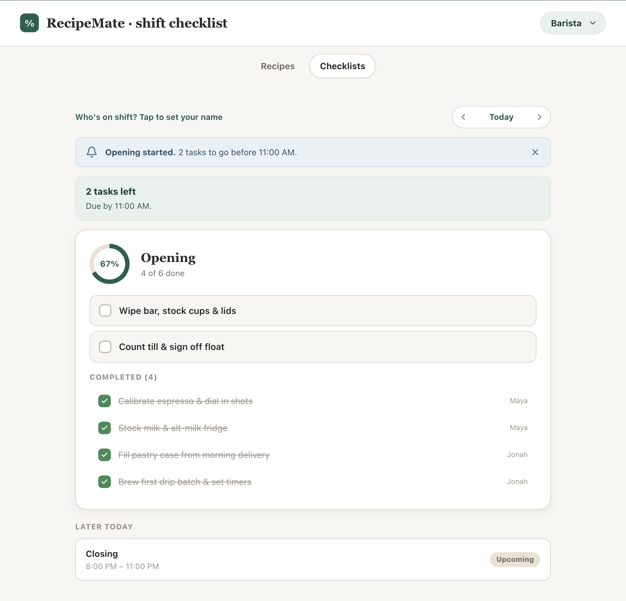 RecipeMate employee checklist view showing an opening checklist in progress with completed tasks stamped by staff name
