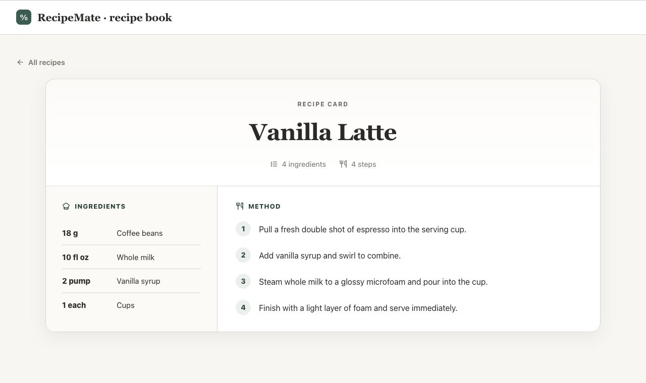 RecipeMate employee recipe book showing the Vanilla Latte recipe ingredients and method